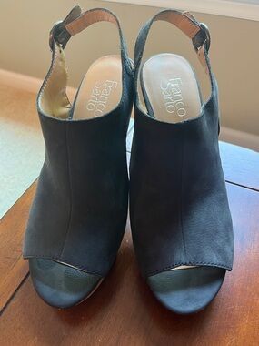 Franco Sarto Black Suede Peep-Toe Slingback Mules